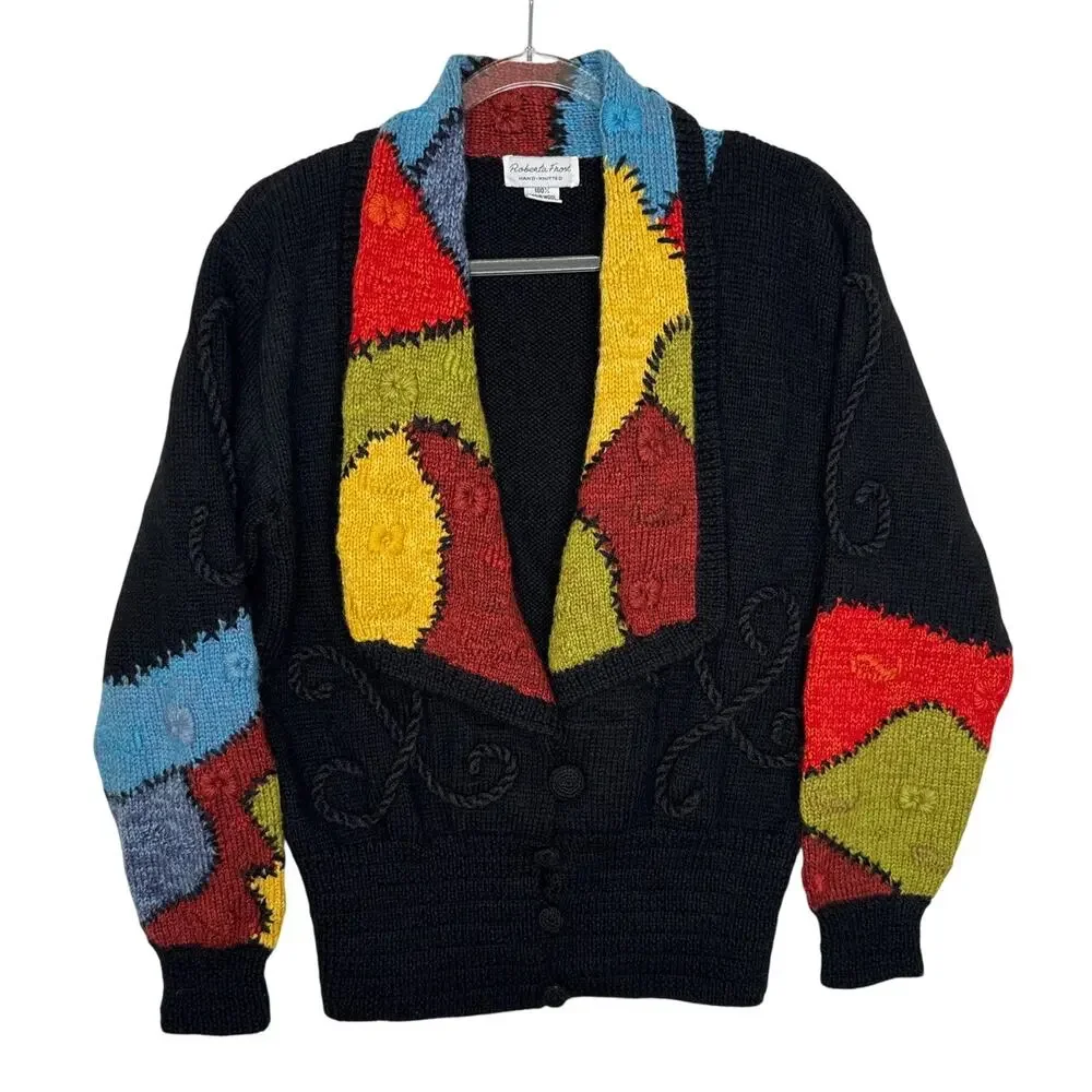 1990s Roberta Frost Hand Knit Wool Cardigan Uruguay Oversized Small